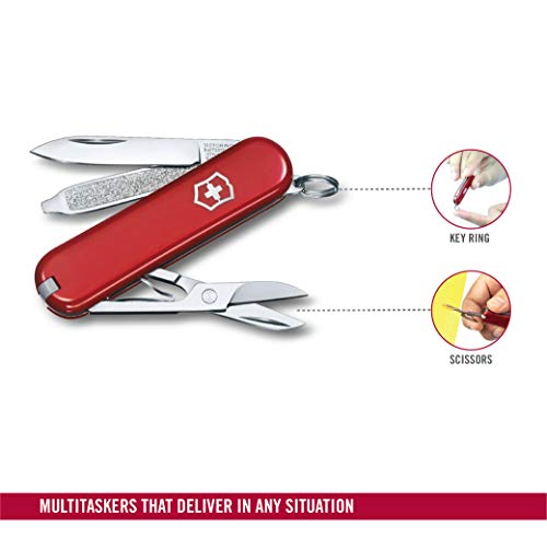 Victorinox Classic SD Swiss Army Pocket Knife, Small, Multi Tool, 7 Functions, Scissors, Nail File, Red
