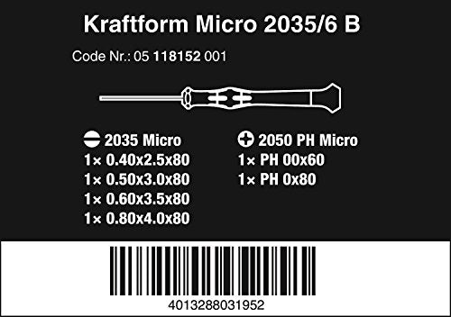 Wera 2035/6 B Kraftform Micro Screwdriver Set, for electronic applications, PH/SL, 6 Piece, 05118152001, Silver