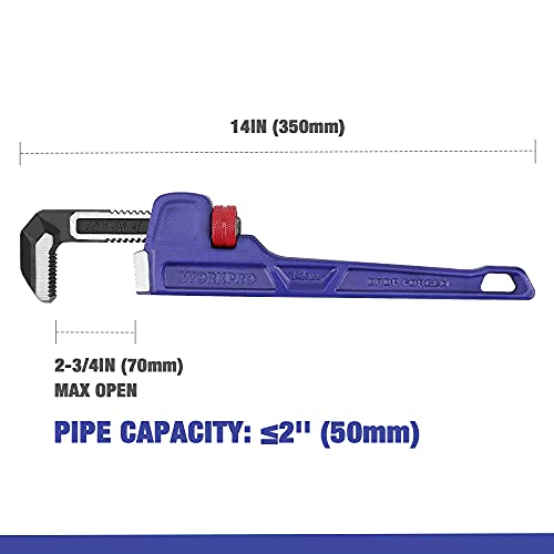 WORKPRO Pipe Wrench 14 inch / 350mm, Drop-Forged Heavy Duty Straight Plumbing Wrench, Adjustable Pipe Wrench with Large Jaw Width (Max. 70mm) and Scales