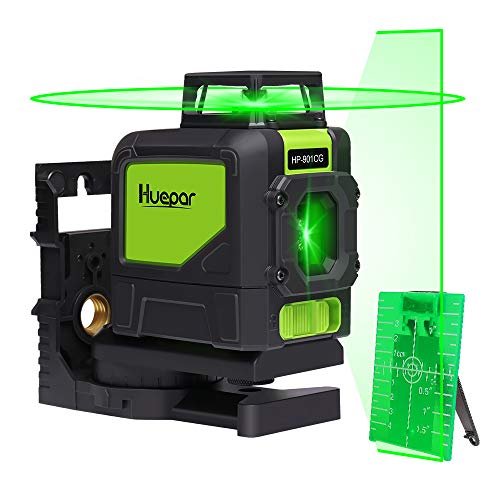 Huepar 901CG 360 Laser Level Green Switchable Cross Line Self Leveling with Pulse Mode, 1X 360 Degree Horizontal Line + 130 Degree Vertical Large Fan Angle, with Magnetic Rotary Base & Targe Card