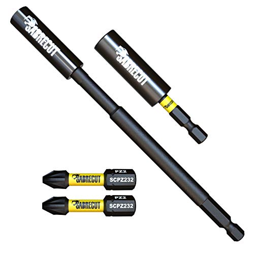4 Piece SabreCut SCRK1 Magnetic 60mm and 152mm Professional Impact Bit Holders with 2 x 32mm PZ2 Screwdriver Impact Bits Compatible with Dewalt, Milwaukee, Makita, Bosch and Others
