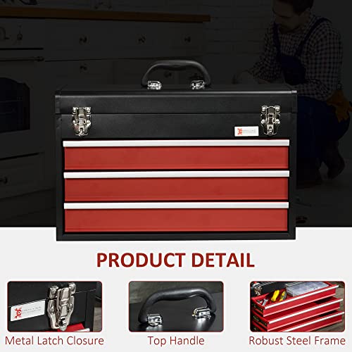 DURHAND 3 Drawer Tool Chest, Lockable Metal Tool Box with Ball Bearing Runners, Portable Toolbox, 510mm x 220mm x 320mm