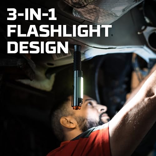 NEBO Big Larry 3 Work Light, 600 Lumen Flashlight with COB Work Light, Pocket Clip Magnetic Base for Hands-Free Lighting, Portable COB LED Dimmable Flashlight, Hazard Light-Red