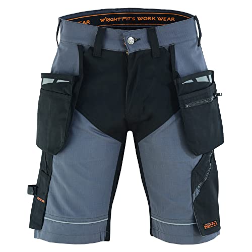 WrightFits Men Epic Pro Work Shorts Rip-Stop Grey Heavy Duty Safety Combat Cargo Summer Shorts - Multi Pockets - Triple Stitched - Durable Workwear (30W)
