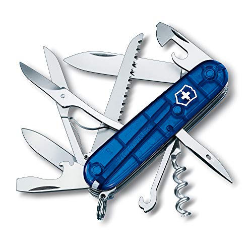 Victorinox Huntsman Swiss Army Pocket Knife, Medium, Multi Tool, 15 Functions, Large Blade, Bottle Opener, Blue Transparent