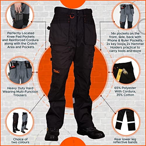 Black Hammer Mens Work Trousers Multi Pockets Cargo Heavy Duty Triple Stitched with Cordura Reinforcing Stress Points and Knee Pad Pockets Phenomenal Adult Workwear Trousers (42W / 31L) Black