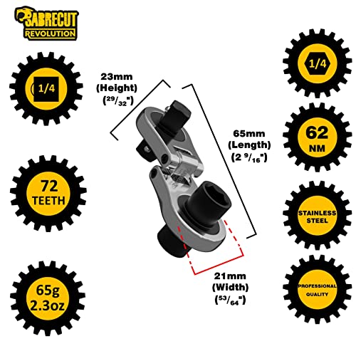 SabreCut 1 x MRSC08 Dual Drive Flex Smallest Mini Micro Ratchet 6.3mm HEX 1/4" Square Drive Stainless Steel Professional 72 Tooth Gear Tiny Hand Ratchet Wrench
