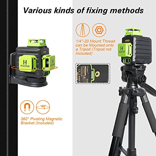 Huepar 3D Cross Line Self-Leveling Laser Level 3 x 360 Green Beam Three-Plane Leveling and Alignment Laser Tool, Li-ion Battery with Type-C Charging Port & Hard Carry Case Included - B03CG Pro