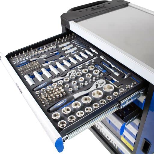 Hyundai 305 Piece 7 Drawer Caster Mounted Roller Premium Tool Blue Chest Cabinet With XXL Stainless Steel Top with 2 Year Warranty