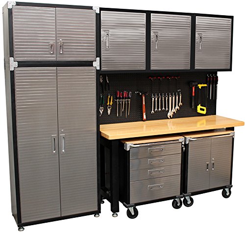 Seville 9 Piece Garage Storage System with Workbench, Extended Cabinet and Three Wall Cabinets