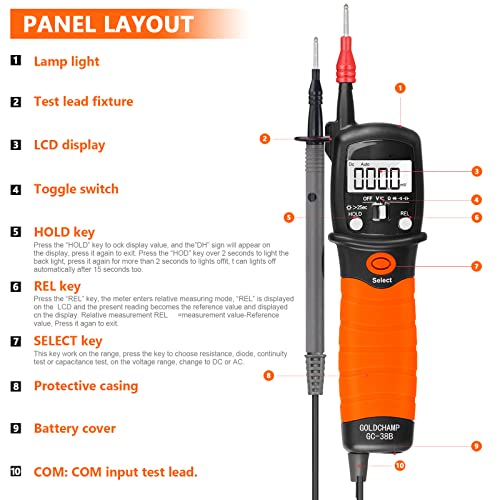 GOLDCHAMP Pen Type Digital Multi meter Electric Tester for AC/DC Voltage,Auto Range Resistance Measurement and Continuity Test with Data Hold Backlight and Flashlight,Orange-GC-38B