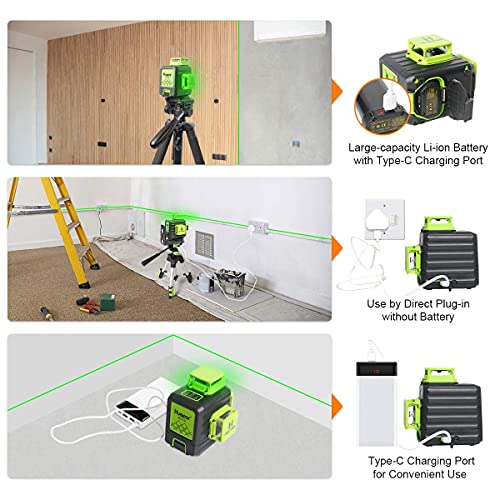 Huepar 3D Cross Line Self-Leveling Laser Level 3 x 360 Green Beam Three-Plane Leveling and Alignment Laser Tool, Li-ion Battery with Type-C Charging Port & Hard Carry Case Included - B03CG Pro