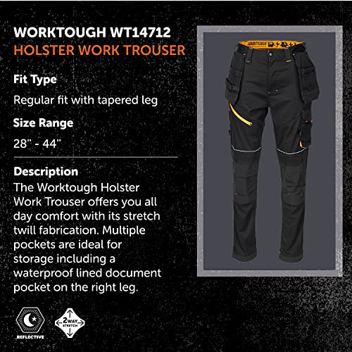 Worktough - Men's Holster Trouser, W38, L32 - Tapered Fit - 64% Polyester, 34% Cotton, 2% Elastane - Workwear Trousers - 255gsm Twill - Work Clothes for Men - Black