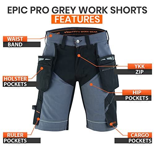 WrightFits Men Epic Pro Work Shorts Rip-Stop Grey Heavy Duty Safety Combat Cargo Summer Shorts - Multi Pockets - Triple Stitched - Durable Workwear (30W)