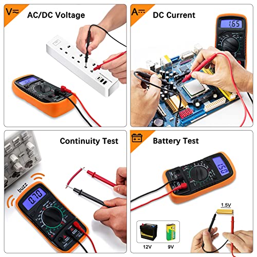 Digital Multimeter Voltmeter Battery Voltage Multi Tester AC DC Volt OHM Amp Current Meter Continuity Circuit Resistance Diode Ammeter Electrical Tester with Test Leads Backlight LCD Display