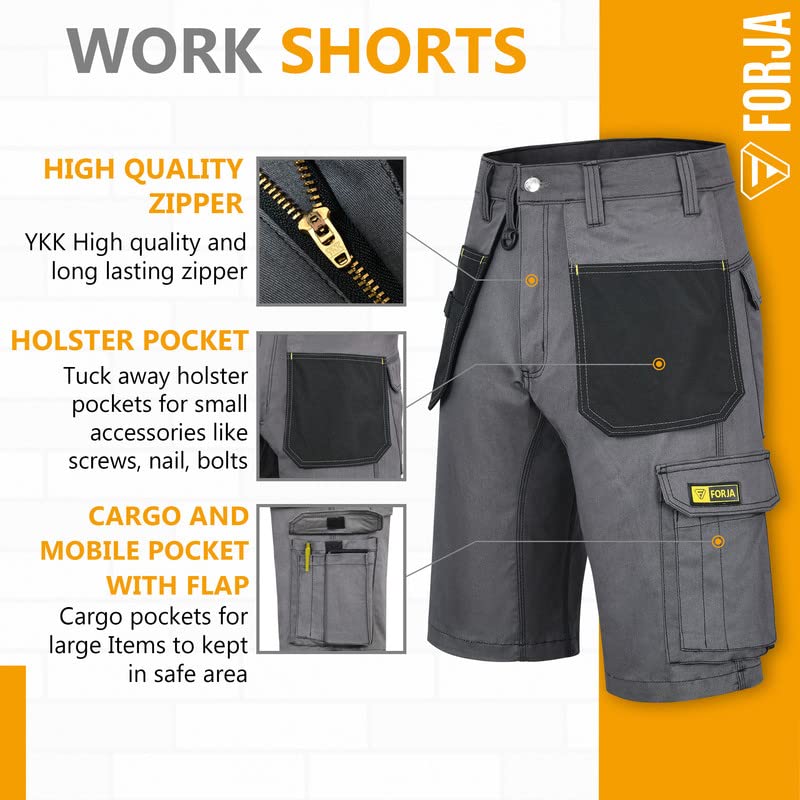Work Shorts Men Multi Pockets Work Utility & Safety Shorts with Holster Pockets Ideal Work Pant for Site Work Builders Electricians Gardening Workwear Half Pants Men Waist 40 Grey